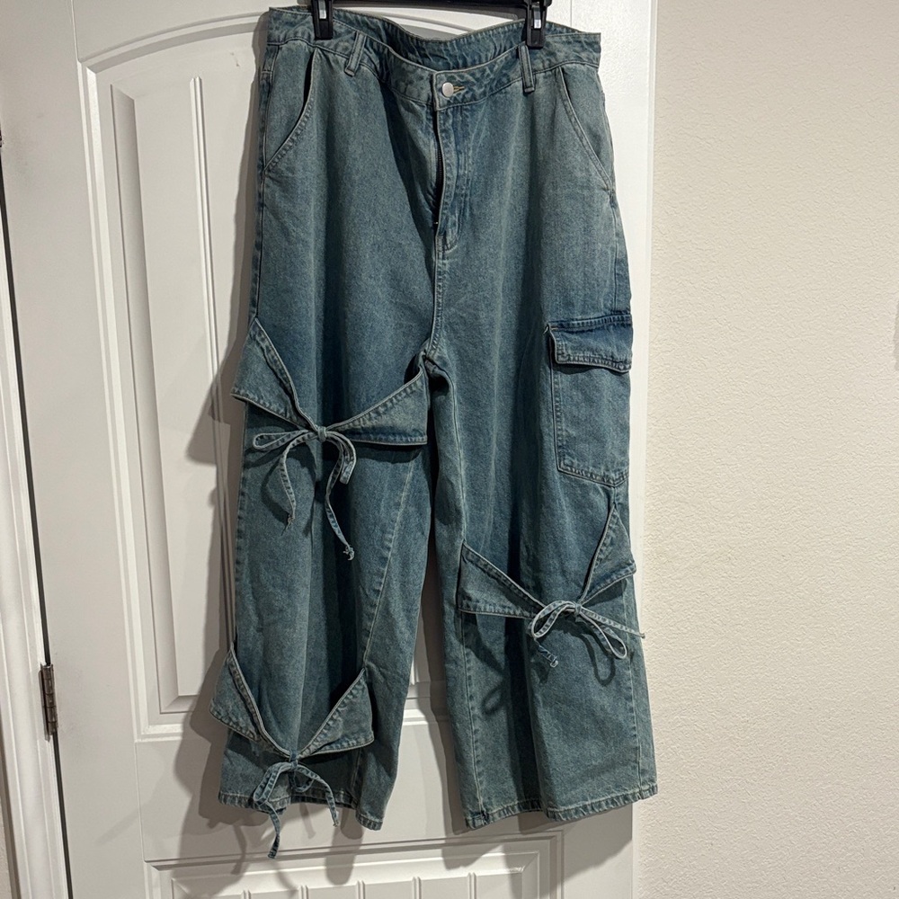 Cider Denim Cargo Pants with Bow Accents
